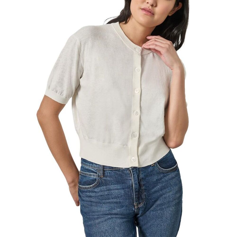 Lilla P Womens Short Sleeve Linen-Blend Cardigan, White